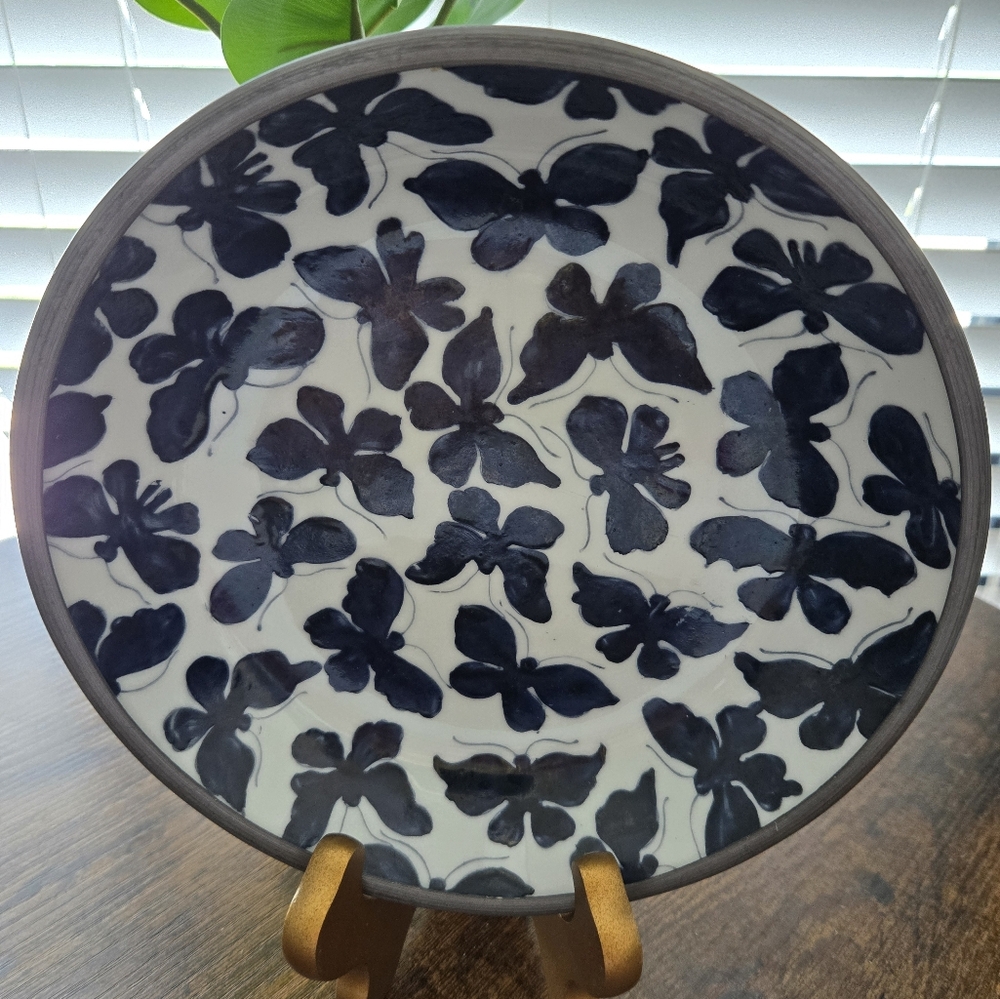 EUC Vintage Neiman Marcus Porcelain Pewter Encased Bowl Blue Butterflies